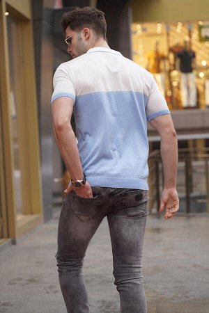 Голубая мужская трикотажная футболка с воротником-поло на молнии 5731