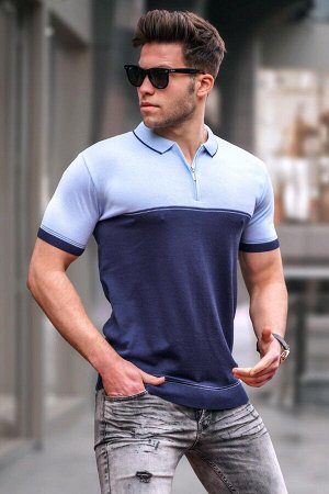 Темно-синяя трикотажная мужская футболка с воротником-поло на молнии 5731