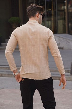 Бежевая льняная мужская рубашка стандартного кроя 5586