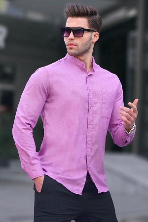 Мужская фиолетовая льняная однотонная рубашка с длинным рукавом 5548