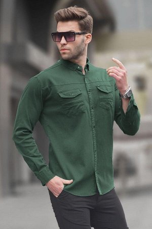 Темно-зеленая мужская рубашка из габардина удобного кроя 6810