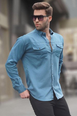 Синяя мужская рубашка из габардина Comfortable Fit 6810