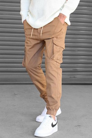 Мужские брюки-карго с карманами светло-коричневого цвета 5695