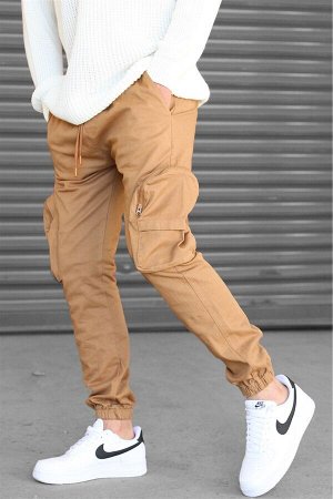 Мужские светло-коричневые брюки карго с карманами узкого кроя 5704
