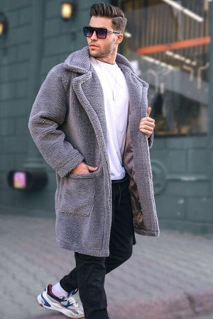 Плюшевое мужское пальто на подкладке антрацитового цвета 6311