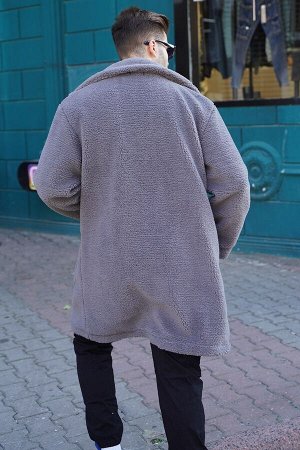 Плюшевое мужское пальто на подкладке антрацитового цвета 6311