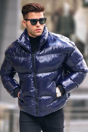 Темно-синяя блестящая базовая куртка-пуховик 5993