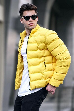 Желтое пальто с воротником-стойкой и пухом 5707