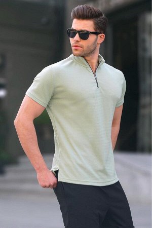 Мужская футболка с воротником-молнией мятно-зеленого цвета 6120
