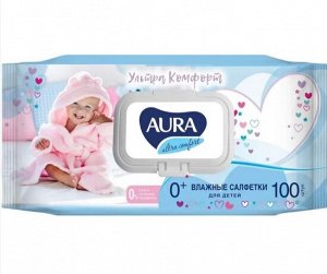 "AURA" Влажные салфетки для детей ULTRA COMFORT с экстрактом алоэ и витамином Е, 100шт с крышкой