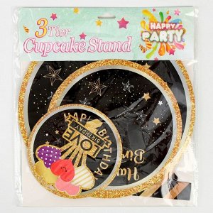 Подставка для пирожных «С днём рождения», цвет чёрно-золотой