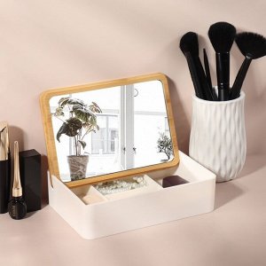 Бокс для хранения косметических принадлежностей «BAMBOO», с зеркалом, 4 секции, 18 x 13 x 5 см, цвет белый/коричневый