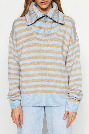 Синий мягкий текстурированный вязаный свитер в полоску на молнии с детальной застежкой-молнией