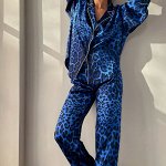 Женская пижама (рубашка с отложенным воротником + брюки) с леопардовым принтом, синий
