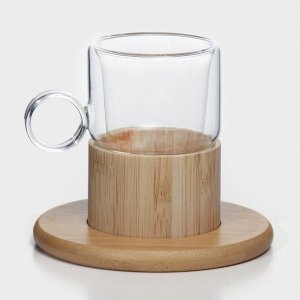Сервиз чайный из стекла «Мадера», 12 предметов: 6 кружек 100 мл, 6 бамбуковых подставок d=11 см