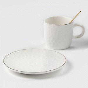 Чайная пара керамическая «Роскошь», 3 предмета: кружка 200 мл, блюдце d=15 см, ложка h=13 см, цвет белый