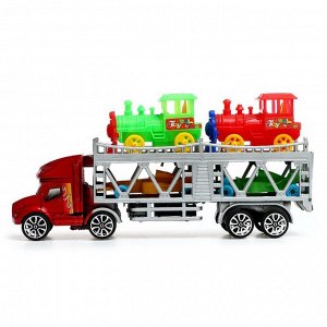 Грузовик инерционный «Автовоз», 2 машинки и 2 паровоза, цвета МИКС