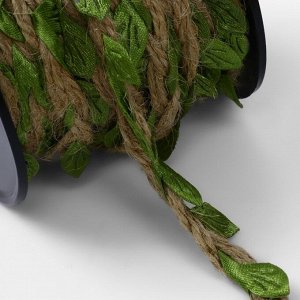 Тесьма декоративная холщовая «Листья», 25 мм, 9±0.5 м, бежевая, зелёная