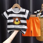 Детский комплект с принтом и надписями: футболка + шорты на резинке, цвет чёрный/белый/оранжевый