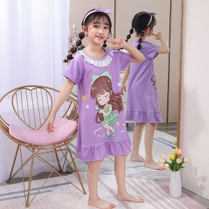 Детское домашнее платье, с кружевом, принт "Девочка", цвет фиолетовый