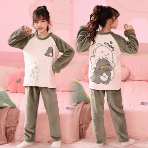 Детская флисовая пижама, кофта+ брюки, принт "Динозаврики", цвет хаки/молочный