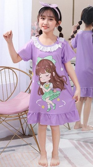 Детское домашнее платье, с кружевом, принт "Девочка", цвет фиолетовый