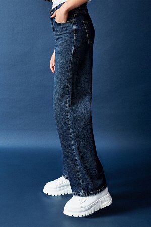 Женские джинсовые брюки свободного покроя со средней талией из 100% хлопка оттенка джинсовой ткани