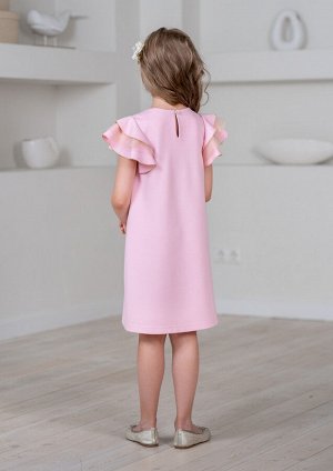 Платье из однотонного трикотажного полотна, силуэта трапеция, с многослойным рукавом-крылом, цвет розовый