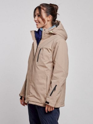 Горнолыжная куртка женская зимняя большого размера бежевого цвета 3936B