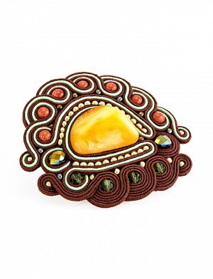 Красивая плетёная брошь, украшенная натуральным янтарём, авантюрином и кристаллами «Индия»