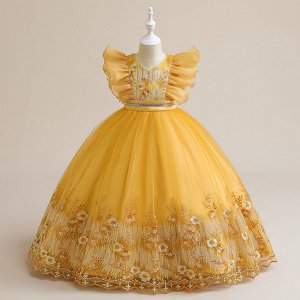 Платье детское бальное, цвет желтый, принт "цветы"
