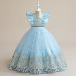 Платье детское бальное, цвет голубой, принт "цветы"