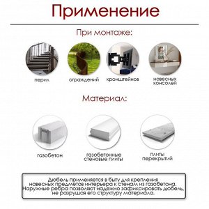Дюбель ТУНДРА, для газобетона, нейлоновый, 8x55 мм, 100 шт.