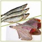 Камбала, корюшка, зубарь, кальмар сушёный и копченый
