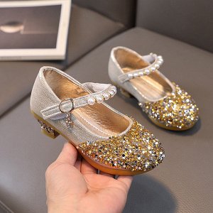 Туфли для девочки нарядные с застежкой, золотые с пайетками и декором