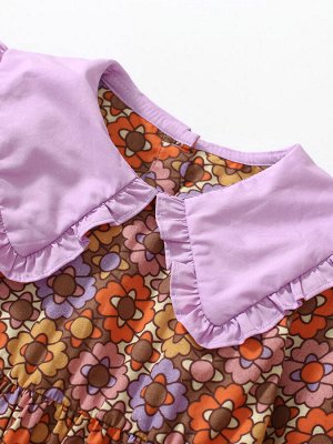 Детское платье с воротником, принт "Цветы", цвет фиолетовый, оранжевый