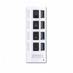 USB хаб hub (юсб разветвитель, переходник) 3.0 с выключателями, 4 порта, СуперЭконом, белый, SBHA-7304-W