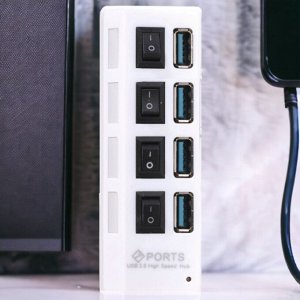 USB хаб hub (юсб разветвитель, переходник) 3.0 с выключателями, 4 порта, СуперЭконом, белый, SBHA-7304-W