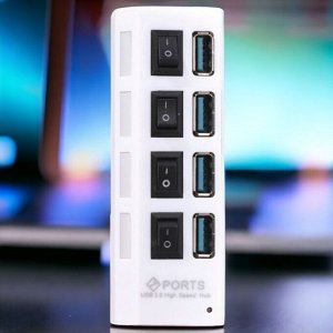 USB хаб hub (юсб разветвитель, переходник) 3.0 с выключателями, 4 порта, СуперЭконом, белый, SBHA-7304-W