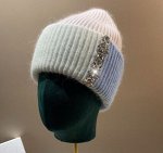 Вязаная шапка с широким отворотом трехцветная, теплая, с добавлением кроличьей шерсти, с декором из страз, розовый