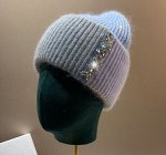 Вязаная шапка с широким отворотом трехцветная, теплая, с добавлением кроличьей шерсти, с декором из страз, голубой