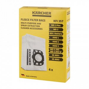 Мешки для сбора пыли KARCHER, КОМПЛЕКТ 4 шт., нетканые, пылесосы WD2 Plus/3, SE 4001/02, 2.863-314.0