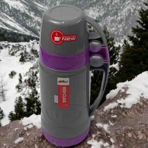 Новый бренд Термос со стеклянной колбой 1 л. 2 кружки. Vacuum Flask. Фиолетовый. AB-1000