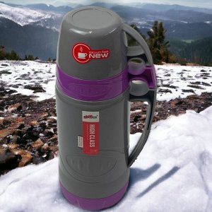 Новый бренд Термос со стеклянной колбой 1 л. 2 кружки. Vacuum Flask. Фиолетовый. AB-1000