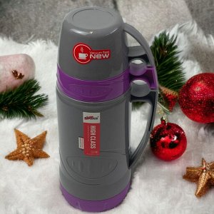 Новый бренд Термос со стеклянной колбой 1 л. 2 кружки. Vacuum Flask. Фиолетовый. AB-1000
