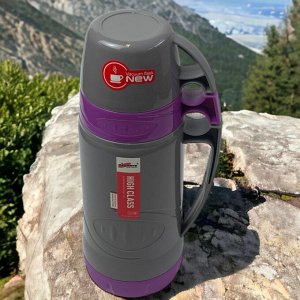 Новый бренд Термос со стеклянной колбой 1 л. 2 кружки. Vacuum Flask. Фиолетовый. AB-1000