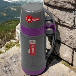 Новый бренд Термос со стеклянной колбой 1 л. 2 кружки. Vacuum Flask. Фиолетовый. AB-1000