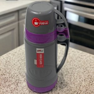 Новый бренд Термос со стеклянной колбой 1 л. 2 кружки. Vacuum Flask. Фиолетовый. AB-1000