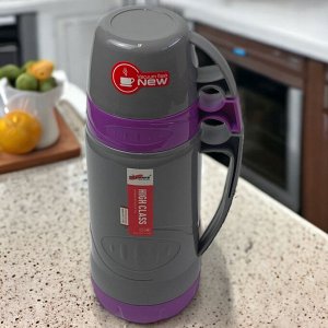 Новый бренд Термос со стеклянной колбой 1 л. 2 кружки. Vacuum Flask. Фиолетовый. AB-1000