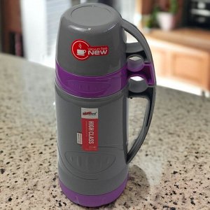 Новый бренд Термос со стеклянной колбой 1 л. 2 кружки. Vacuum Flask. Фиолетовый. AB-1000